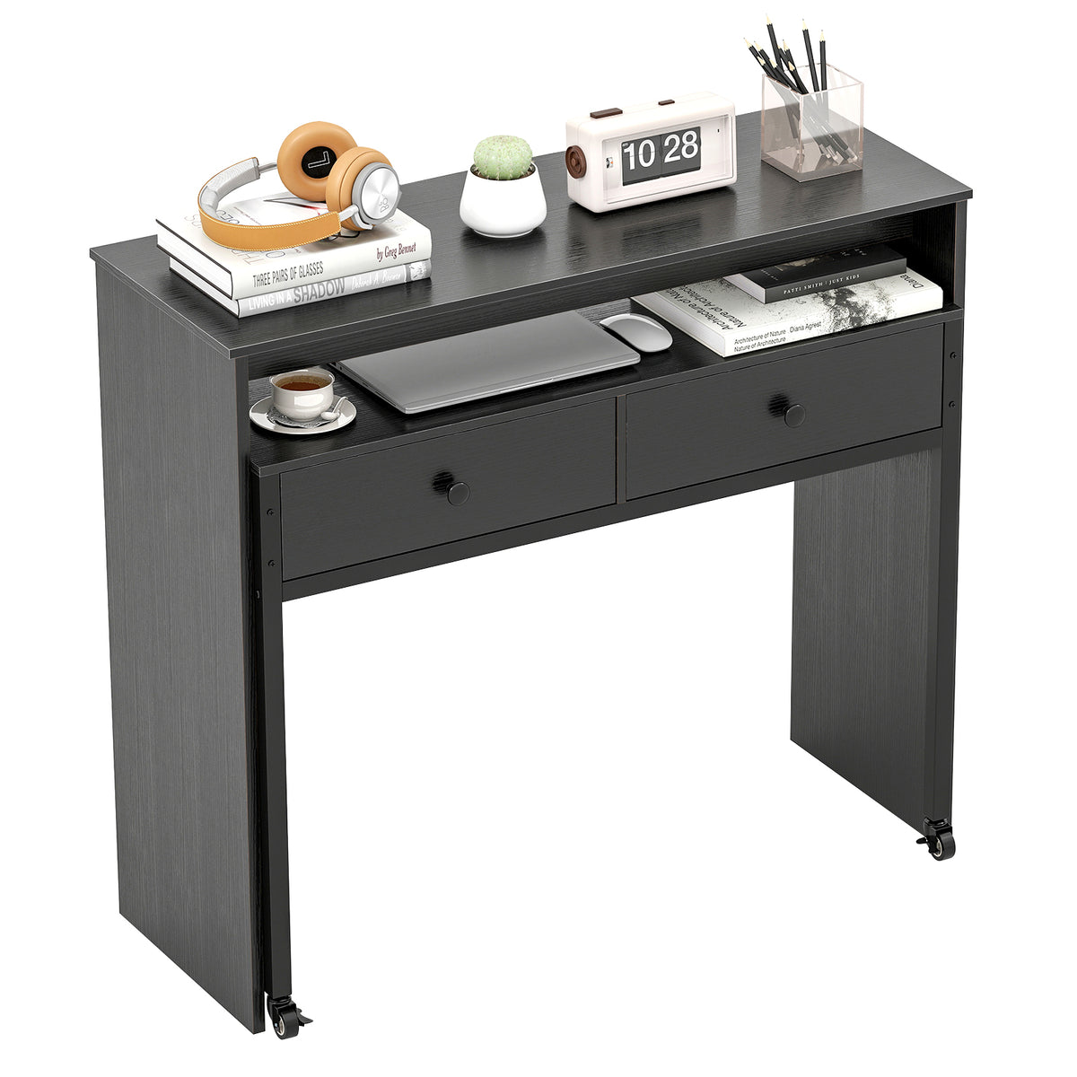 Extendable Computer Desk with 2 Storage Drawers - Black & Brown