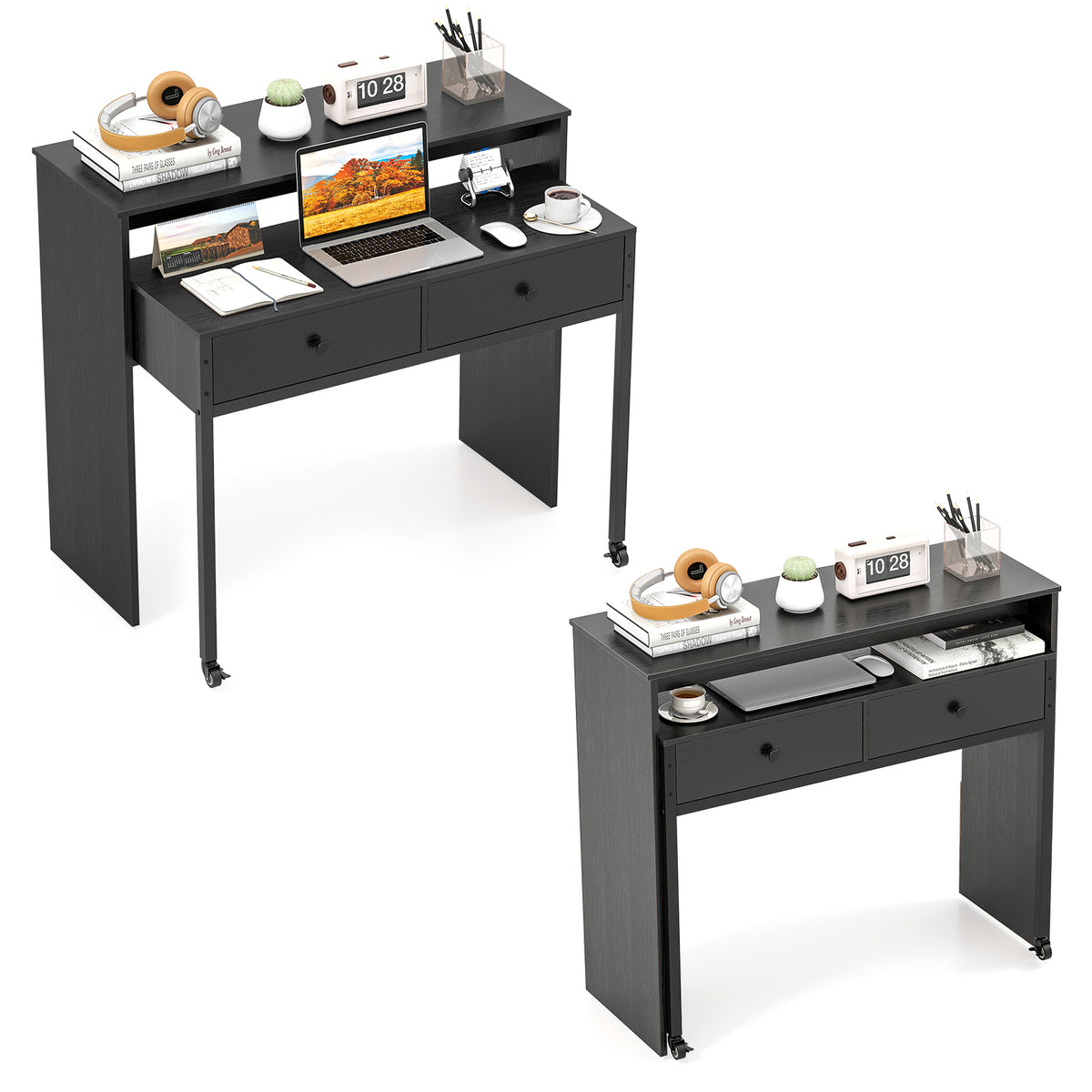 Extendable Computer Desk with 2 Storage Drawers - Black & Brown