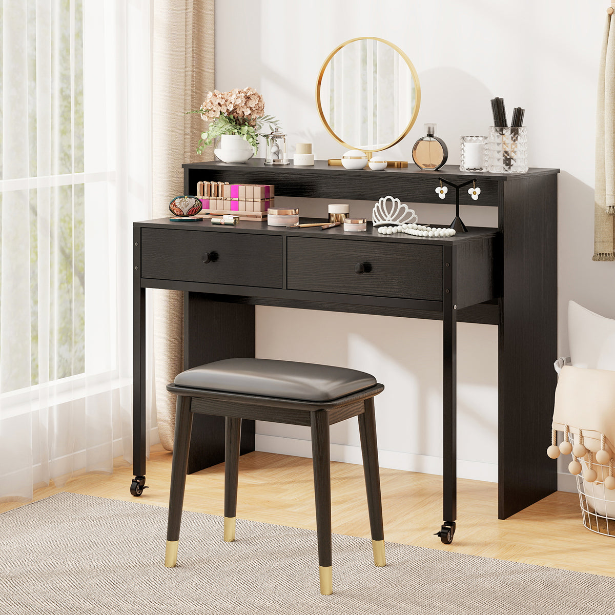 Extendable Computer Desk with 2 Storage Drawers - Black & Brown