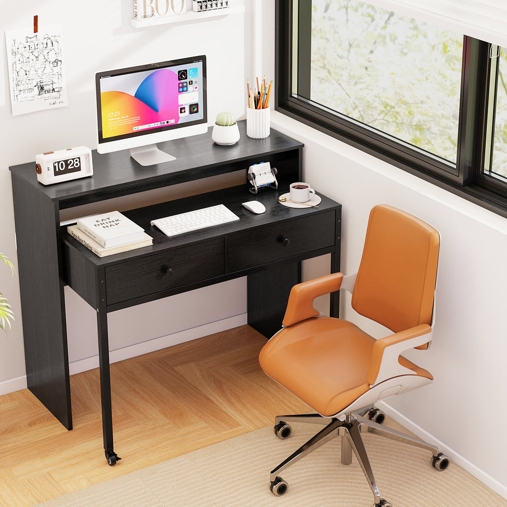 Extendable Computer Desk with 2 Storage Drawers - Black & Brown