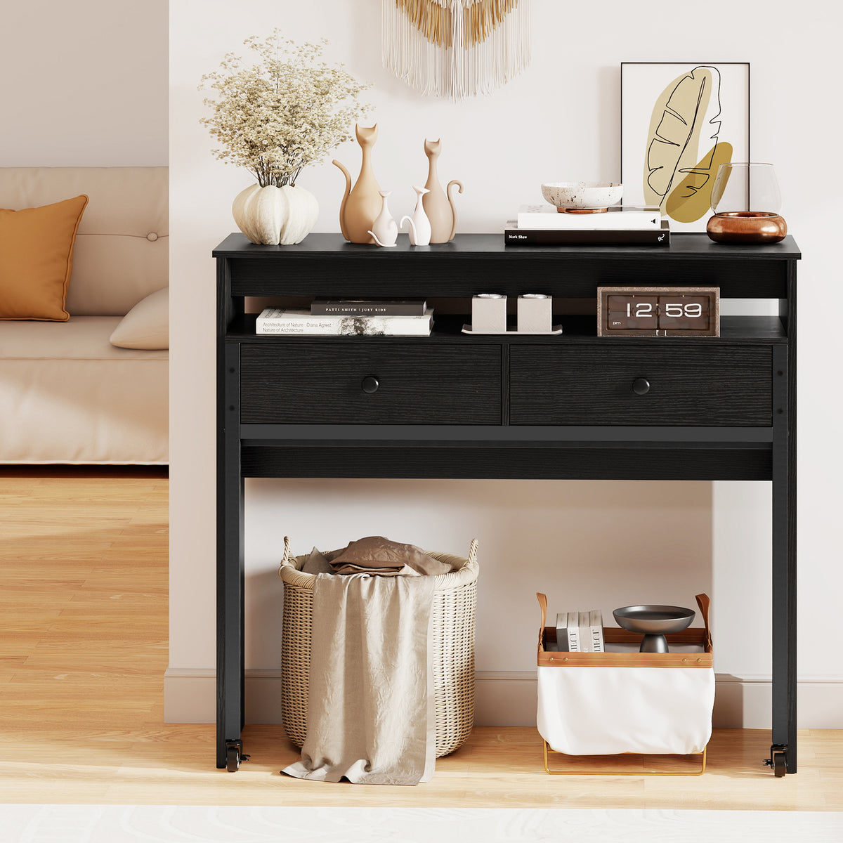 Extendable Computer Desk with 2 Storage Drawers - Black & Brown