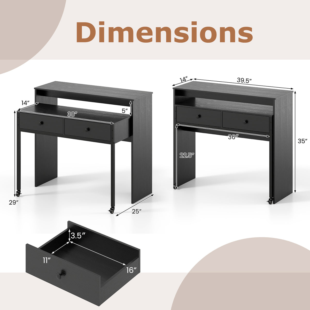 Extendable Computer Desk with 2 Storage Drawers - Black & Brown