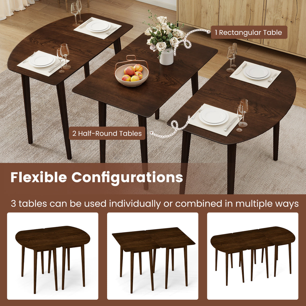 3-Piece Extendable Dining Table Set, Walnut