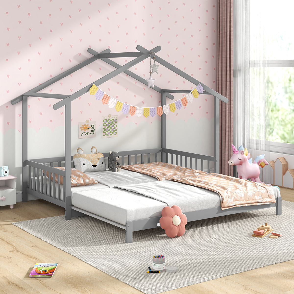 House Bed Twin to King Daybed with Rails, Gray