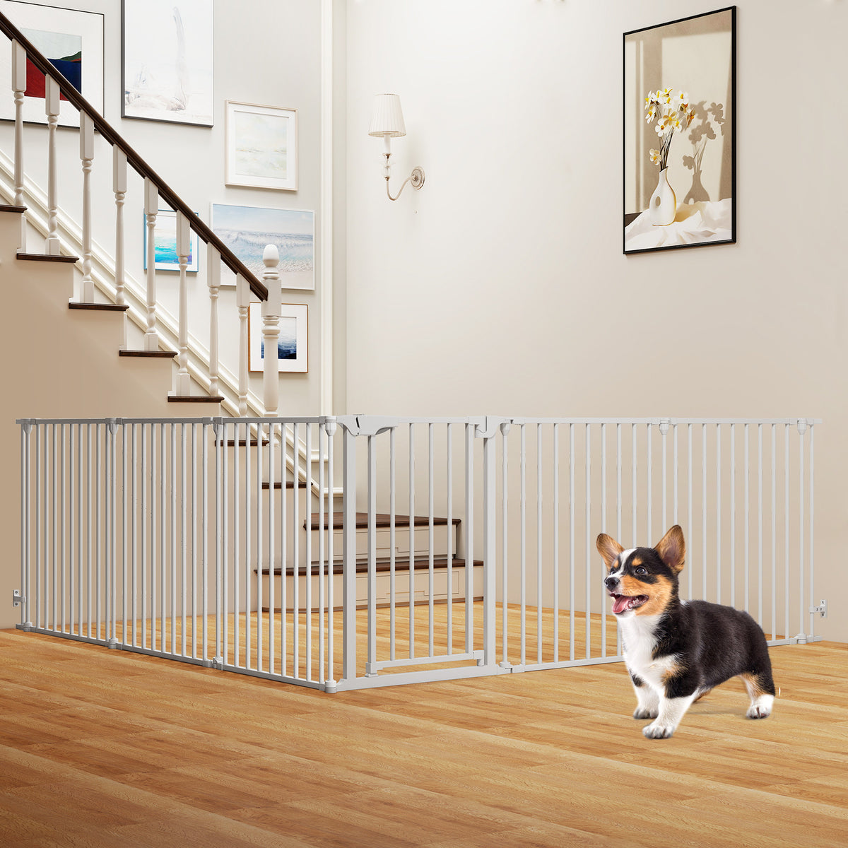 Extra Wide 6-Panel Baby Gate with Locking Door - White, Fits 34.5-154" Openings