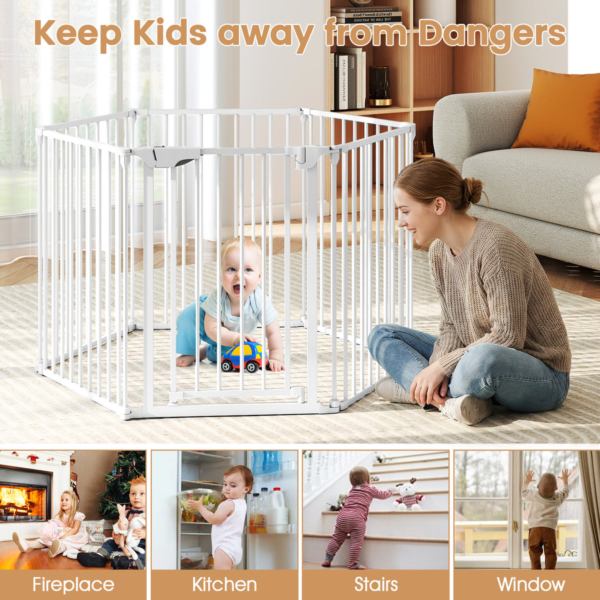 Extra Wide 6-Panel Baby Gate with Locking Door - White, Fits 34.5-154" Openings