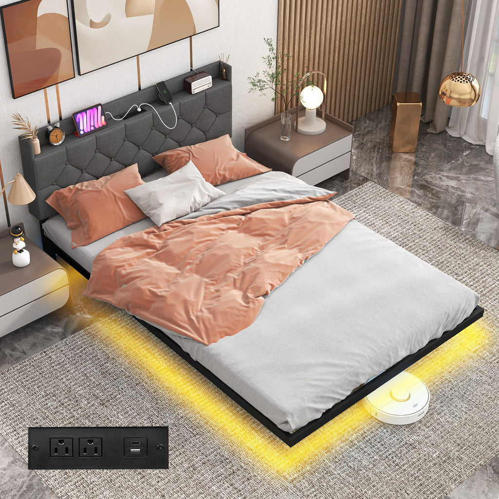 Floating Bed Frame Full Size with LED Lights & Charging Headboard