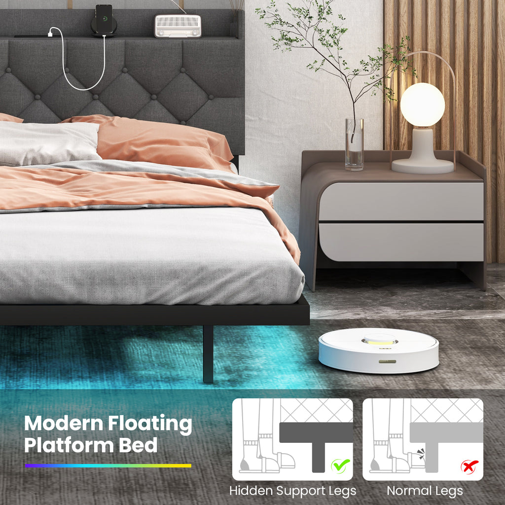 Floating Bed Frame Full Size with LED Lights & Charging Headboard