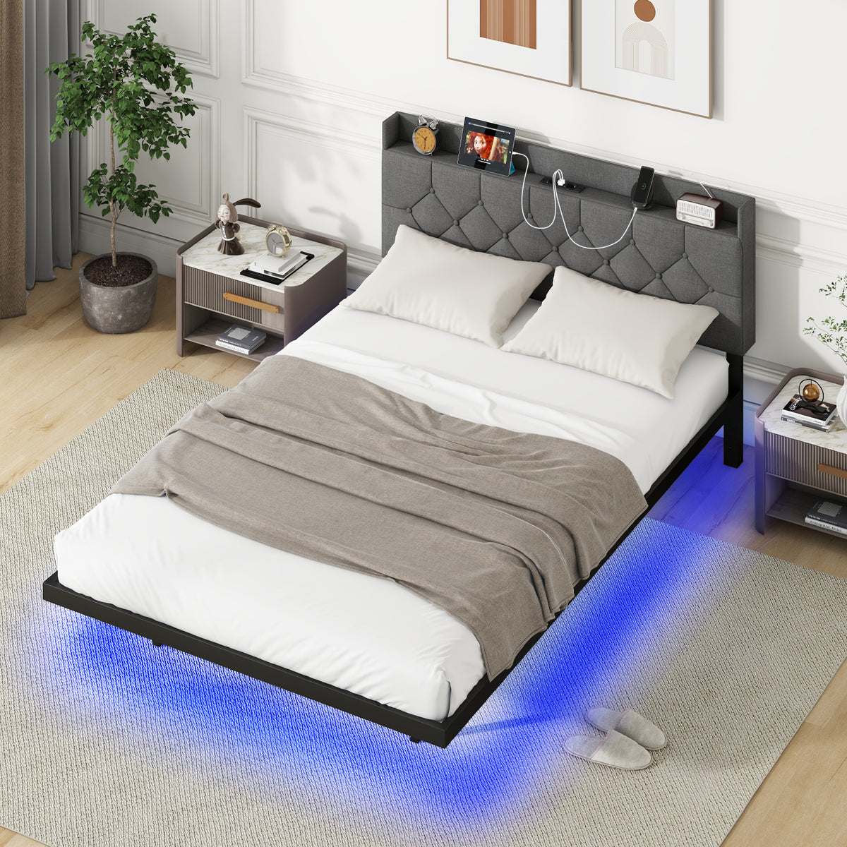 Floating Bed Frame Full Size with LED Lights & Charging Headboard