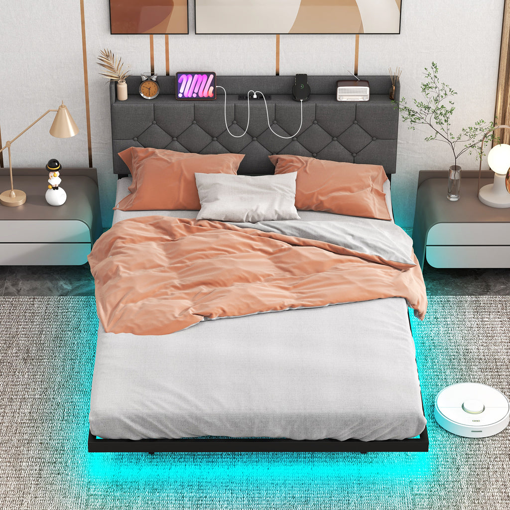 Floating Bed Frame Full Size with LED Lights & Charging Headboard
