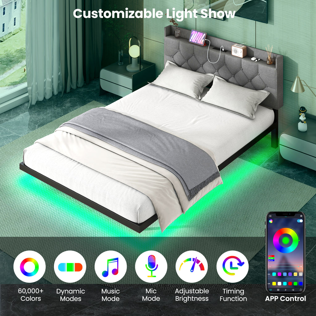 Floating Bed Frame Full Size with LED Lights & Charging Headboard
