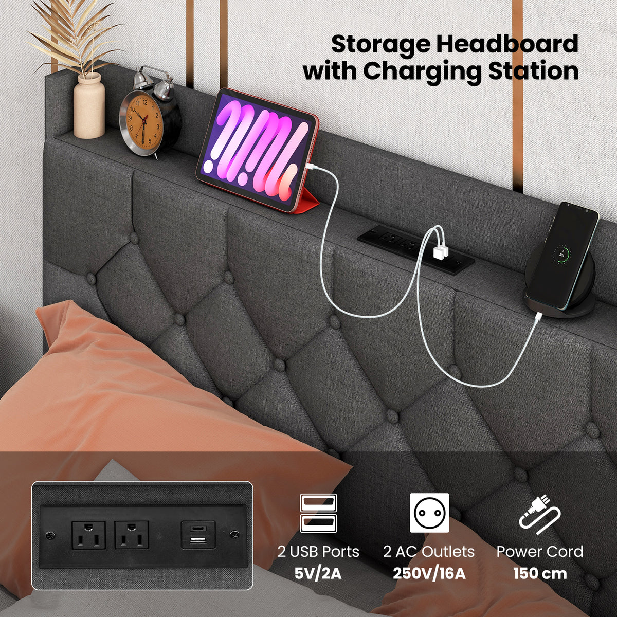 Floating Bed Frame Full Size with LED Lights & Charging Headboard