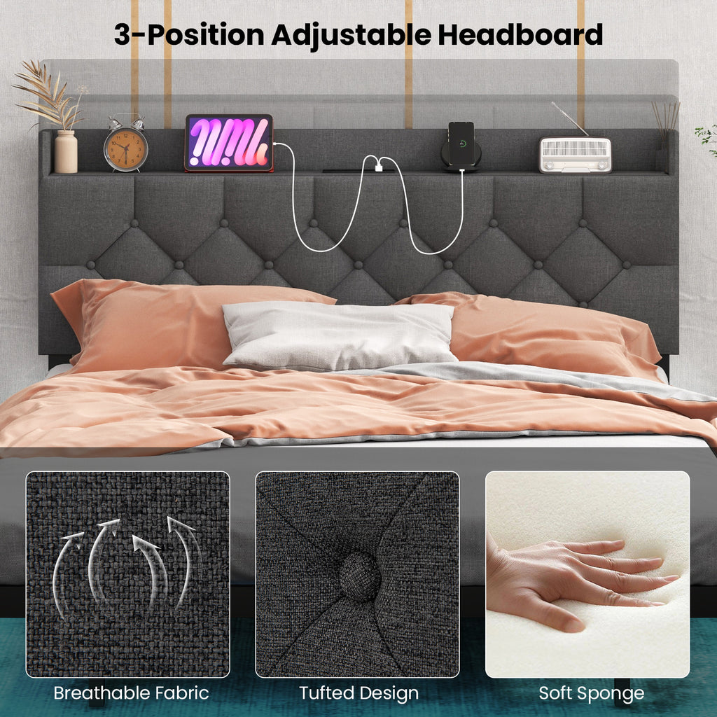 Floating Bed Frame Full Size with LED Lights & Charging Headboard