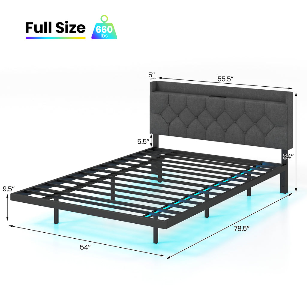 Floating Bed Frame Full Size with LED Lights & Charging Headboard