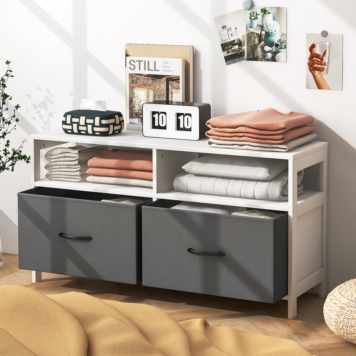 Fabric Chest of Drawers with 2 Drawers & 2 Open Shelves - White