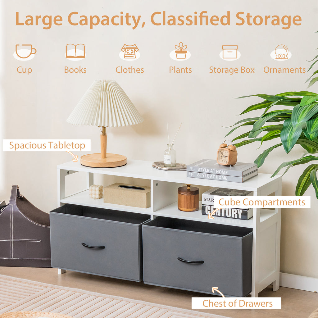 Fabric Chest of Drawers with 2 Drawers & 2 Open Shelves - White
