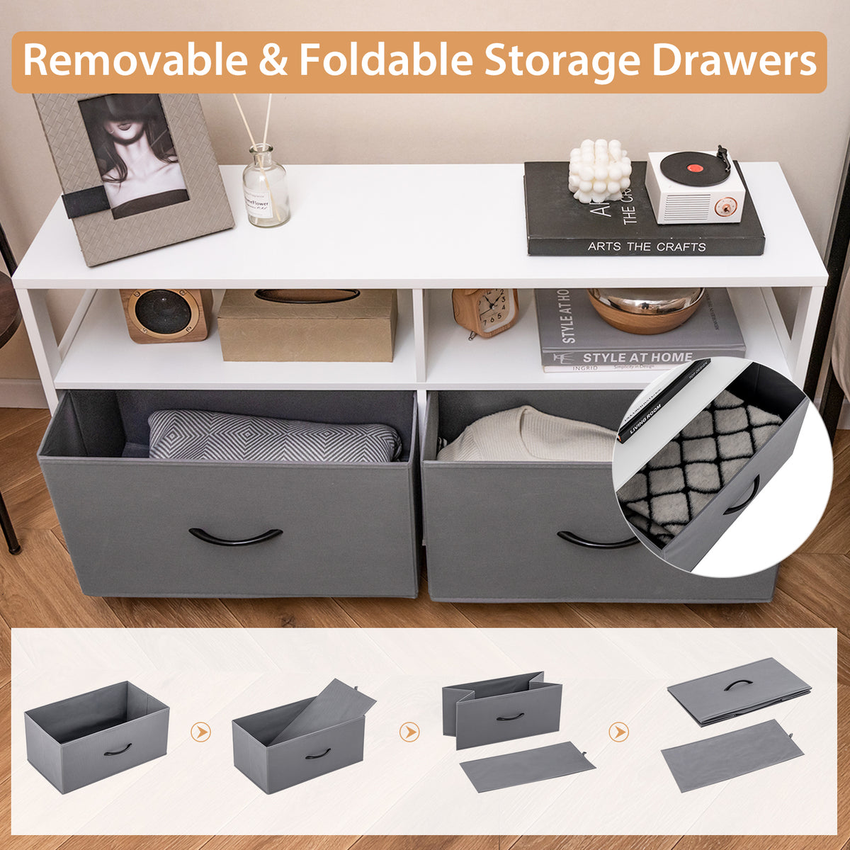 Fabric Chest of Drawers with 2 Drawers & 2 Open Shelves - White