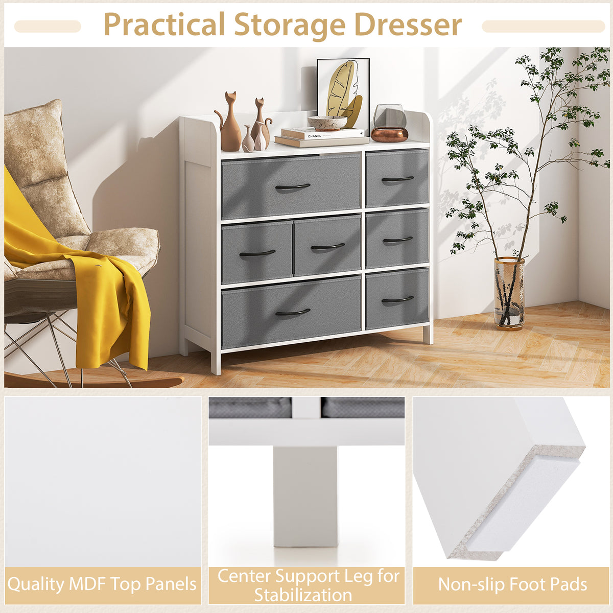 7-Drawer Fabric Dresser - White