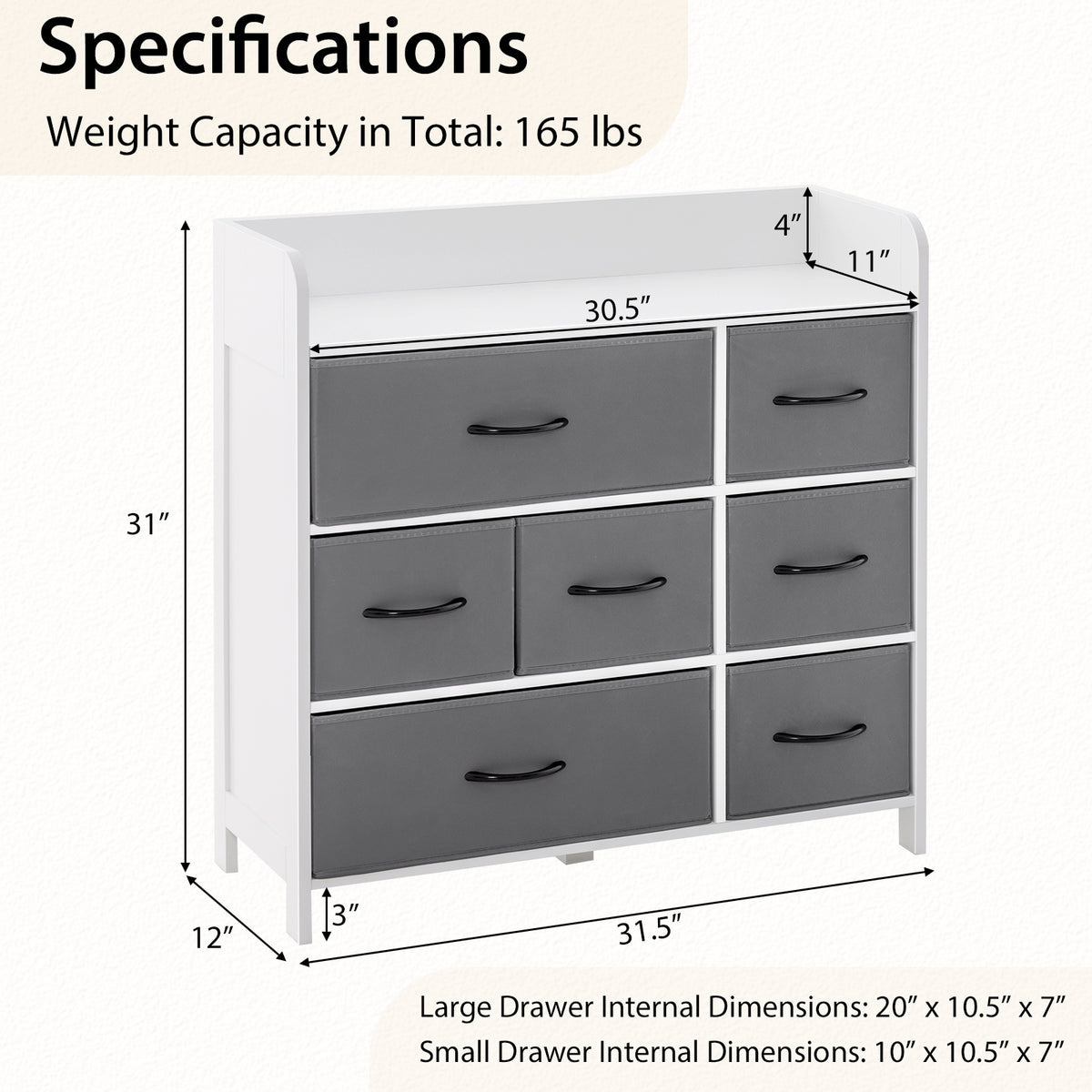 7-Drawer Fabric Dresser for Bedroom, White