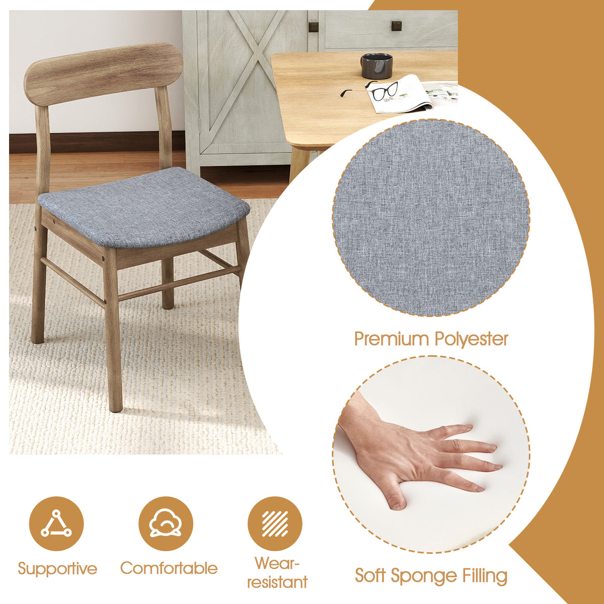 Fabric Upholstered Armless Dining Chairs, Oak - Set of 2