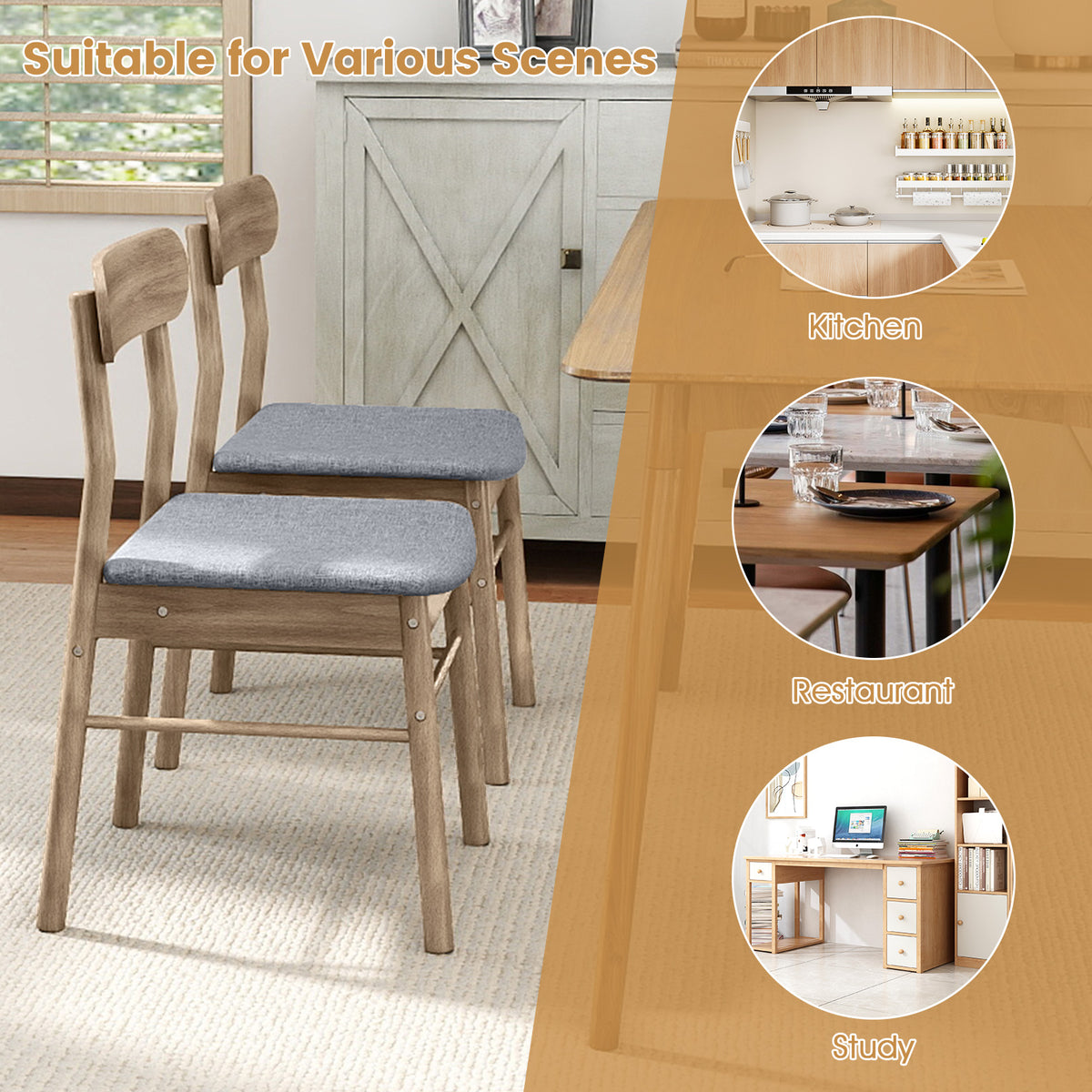 Fabric Upholstered Armless Dining Chairs, Oak - Set of 2