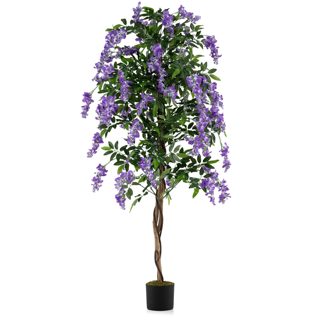 1 Piece Artificial Wisteria Tree - 6 FT Faux Ficus Plant with Natural Trunks & Purple Flowers