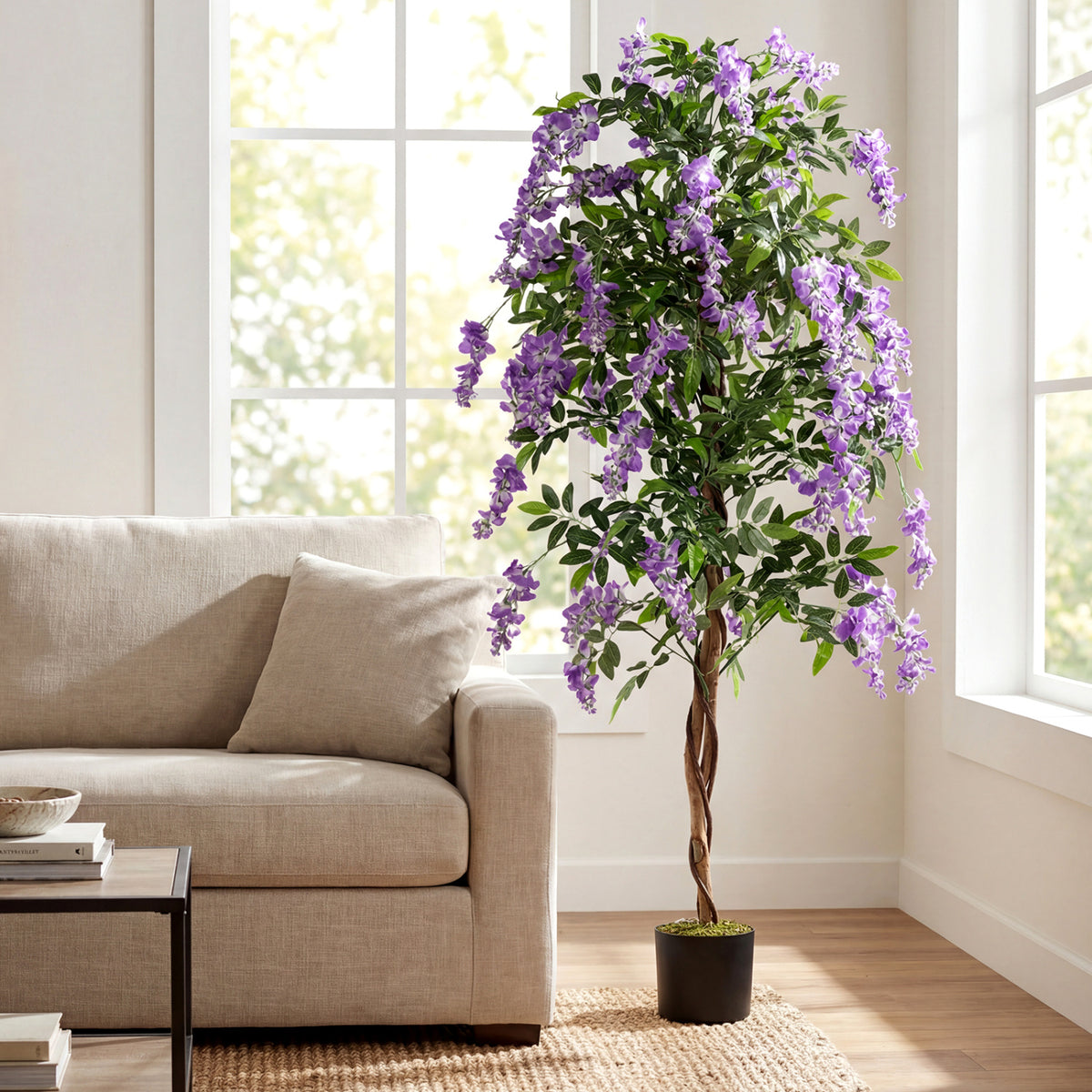 1 Piece Artificial Wisteria Tree - 6 FT Faux Ficus Plant with Natural Trunks & Purple Flowers