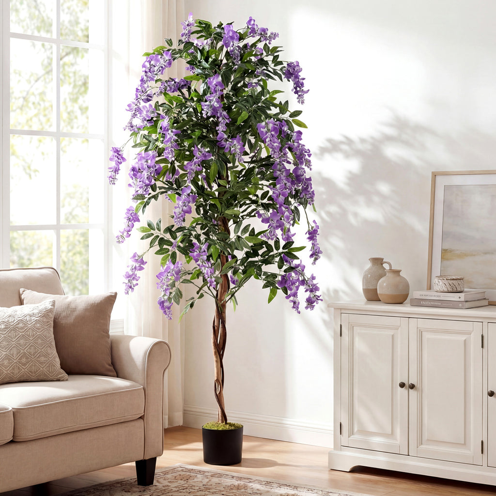 1 Piece Artificial Wisteria Tree - 6 FT Faux Ficus Plant with Natural Trunks & Purple Flowers