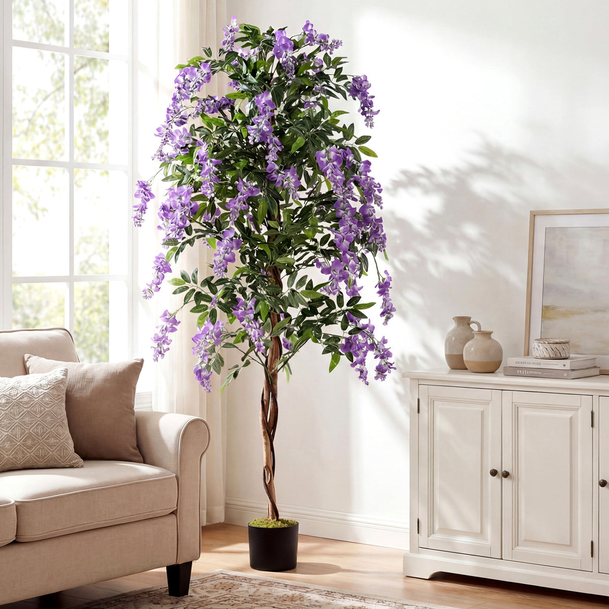 1 Piece Artificial Wisteria Tree - 6 FT Faux Ficus Plant with Natural Trunks & Purple Flowers