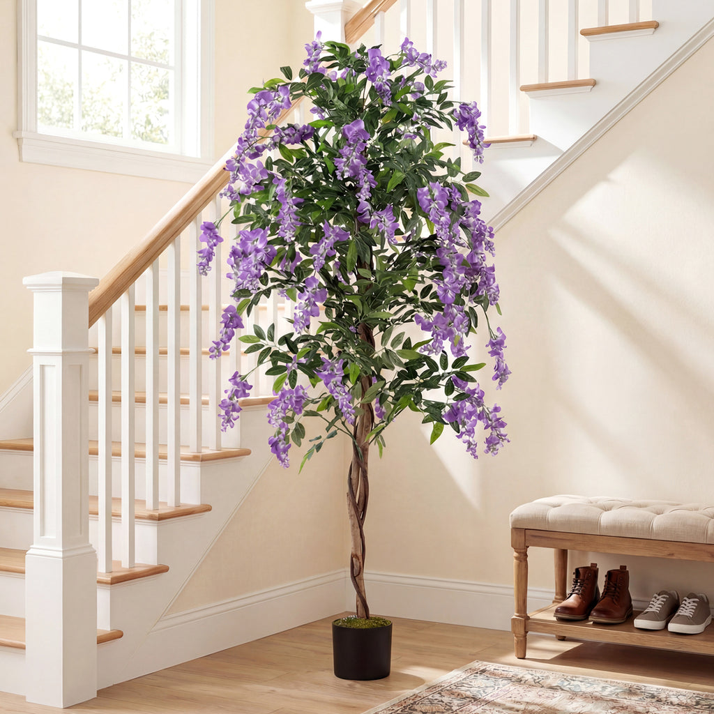 1 Piece Artificial Wisteria Tree - 6 FT Faux Ficus Plant with Natural Trunks & Purple Flowers