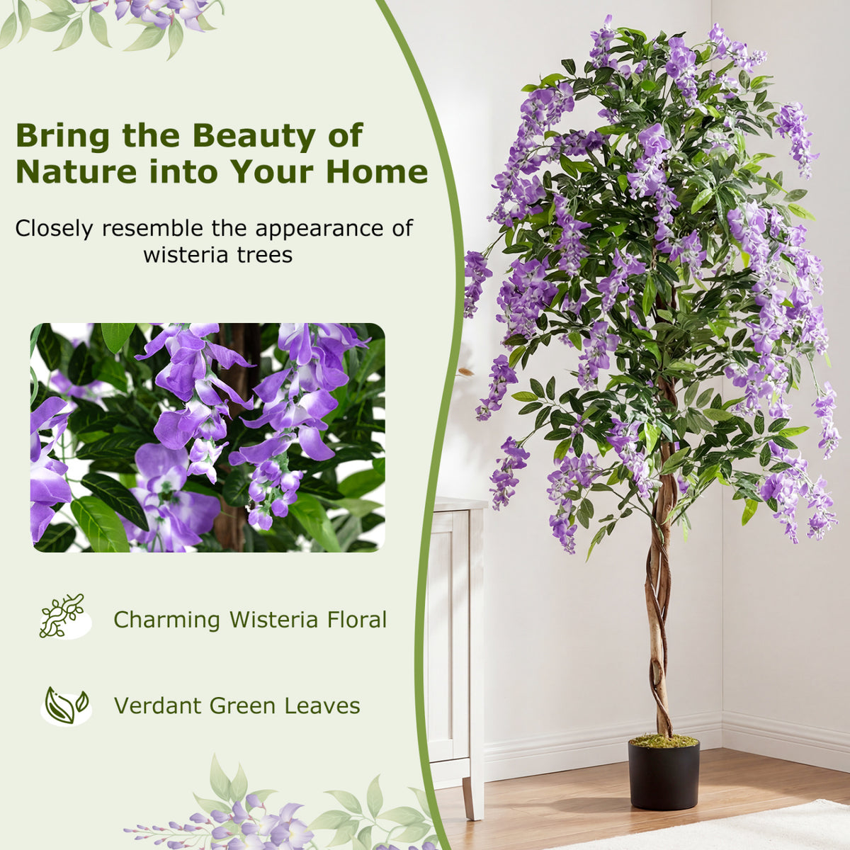 1 Piece Artificial Wisteria Tree - 6 FT Faux Ficus Plant with Natural Trunks & Purple Flowers