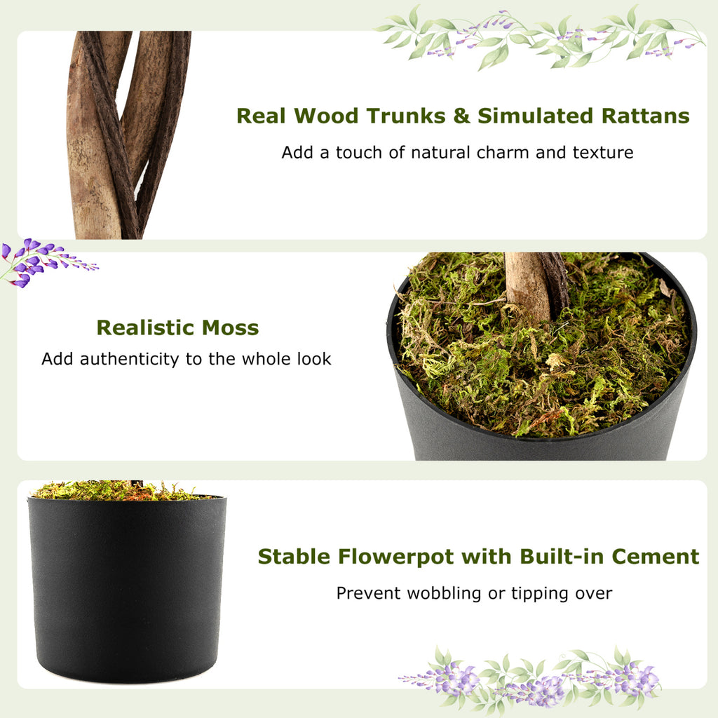 1 Piece Artificial Wisteria Tree - 6 FT Faux Ficus Plant with Natural Trunks & Purple Flowers
