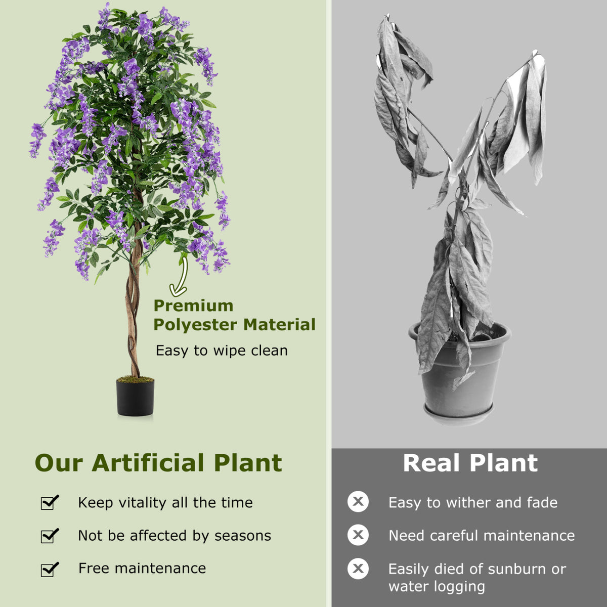 1 Piece Artificial Wisteria Tree - 6 FT Faux Ficus Plant with Natural Trunks & Purple Flowers