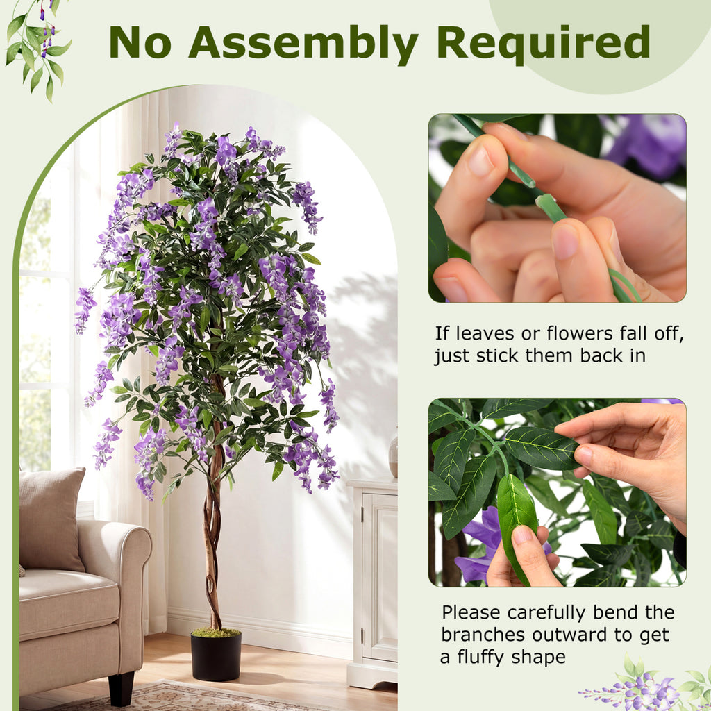 1 Piece Artificial Wisteria Tree - 6 FT Faux Ficus Plant with Natural Trunks & Purple Flowers
