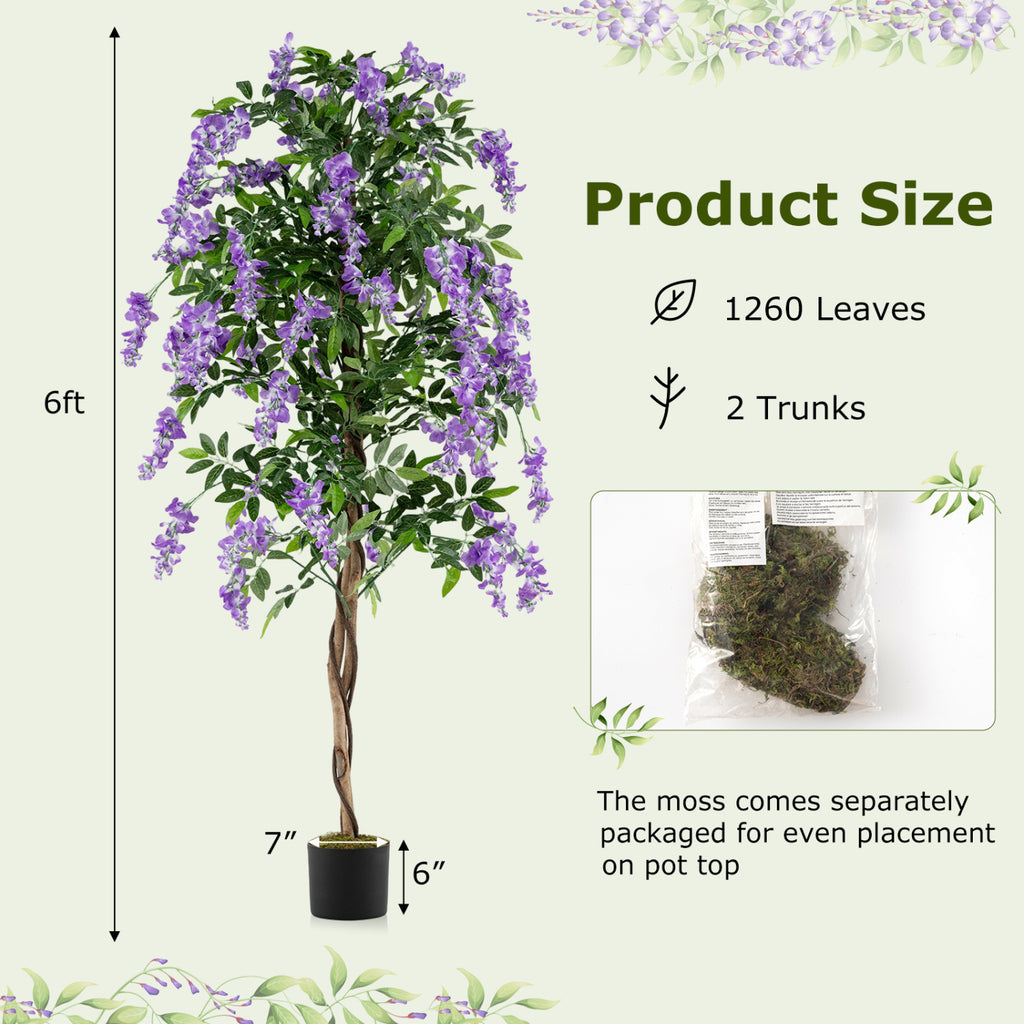 1 Piece Artificial Wisteria Tree - 6 FT Faux Ficus Plant with Natural Trunks & Purple Flowers