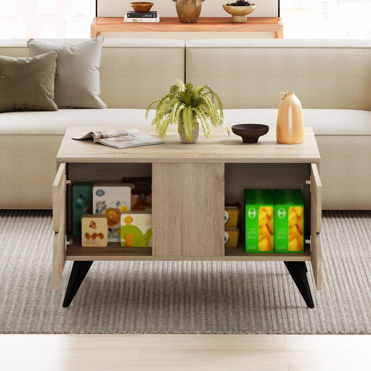 Farmhouse Coffee Table with Storage - Natural