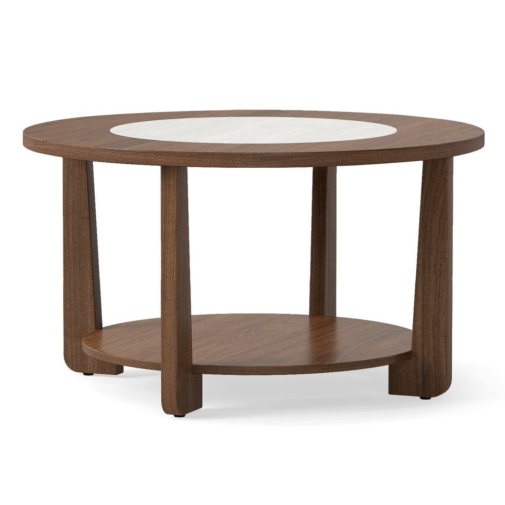 31.5" Farmhouse Round Coffee Table with Storage Shelf, Brown