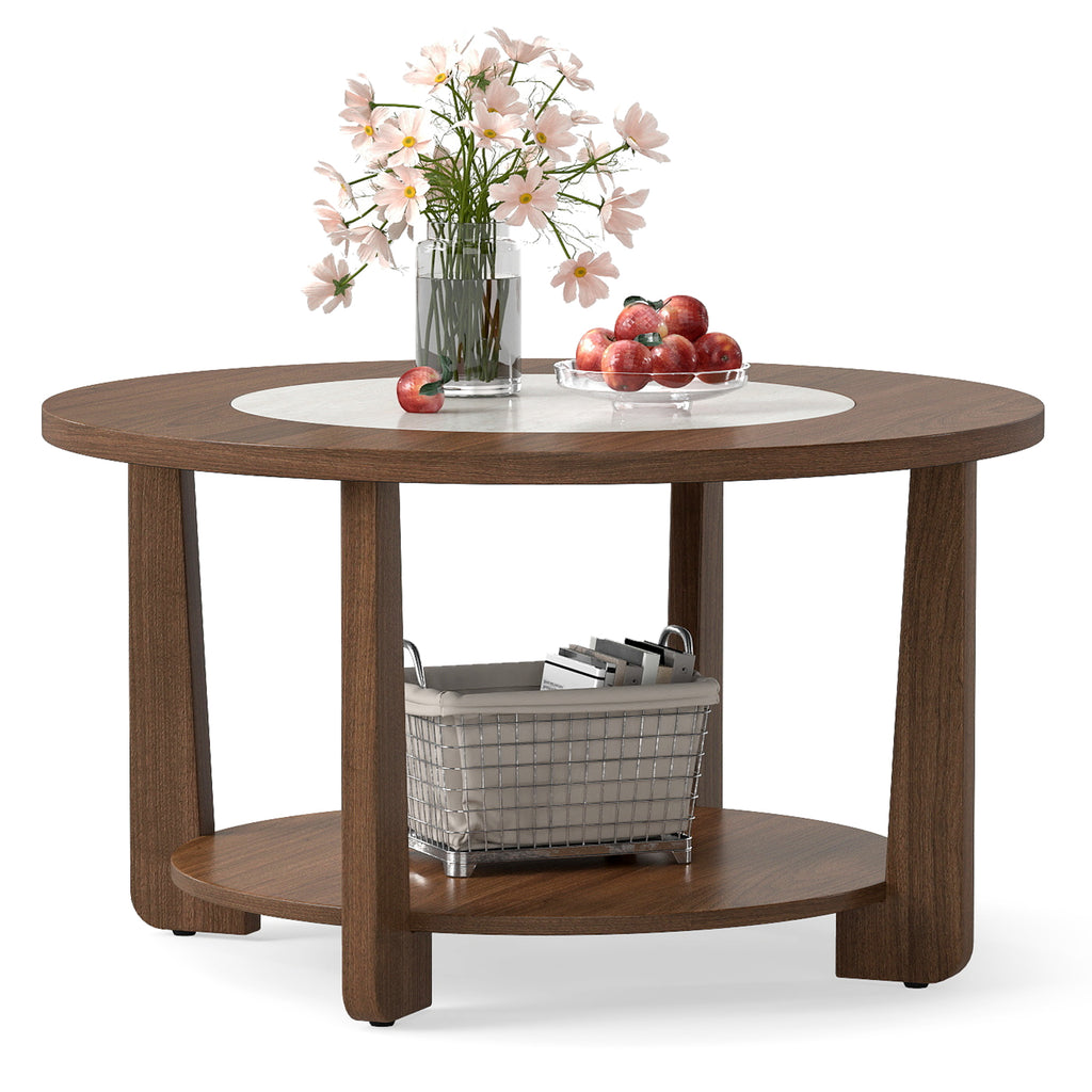 31.5" Farmhouse Round Coffee Table with Storage Shelf, Brown
