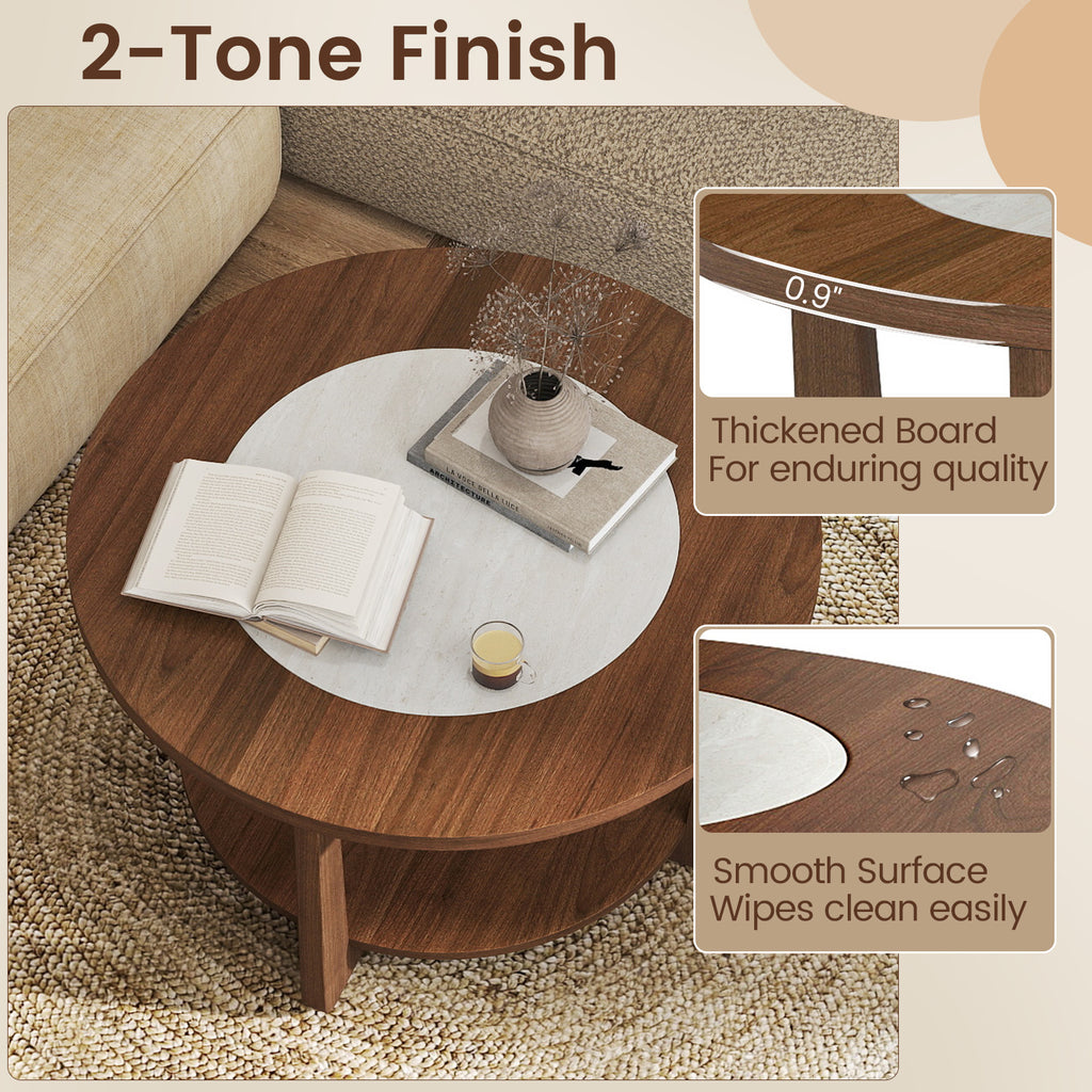 31.5" Farmhouse Round Coffee Table with Storage Shelf, Brown