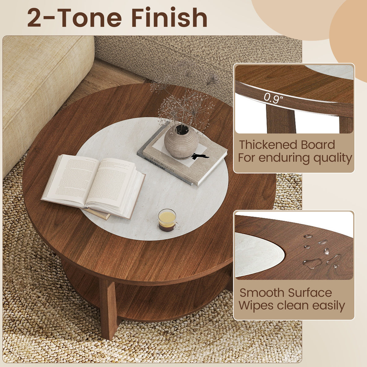31.5" Farmhouse Round Coffee Table with Storage Shelf, Brown
