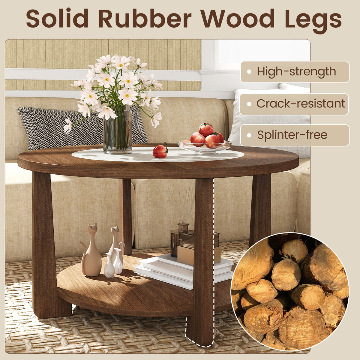 31.5" Farmhouse Round Coffee Table with Storage Shelf, Brown