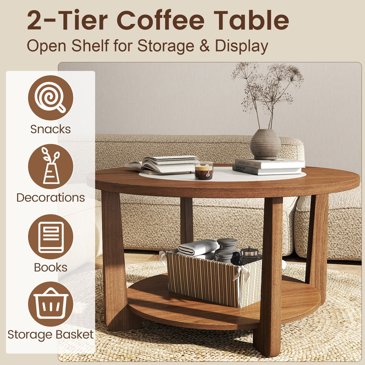 31.5" Farmhouse Round Coffee Table with Storage Shelf, Brown