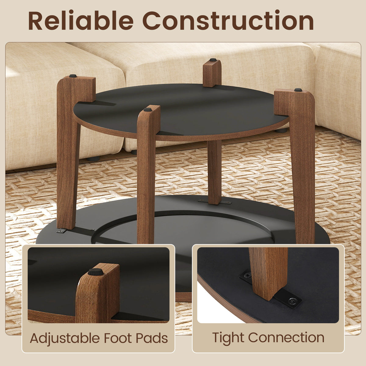 31.5" Farmhouse Round Coffee Table with Storage Shelf, Brown