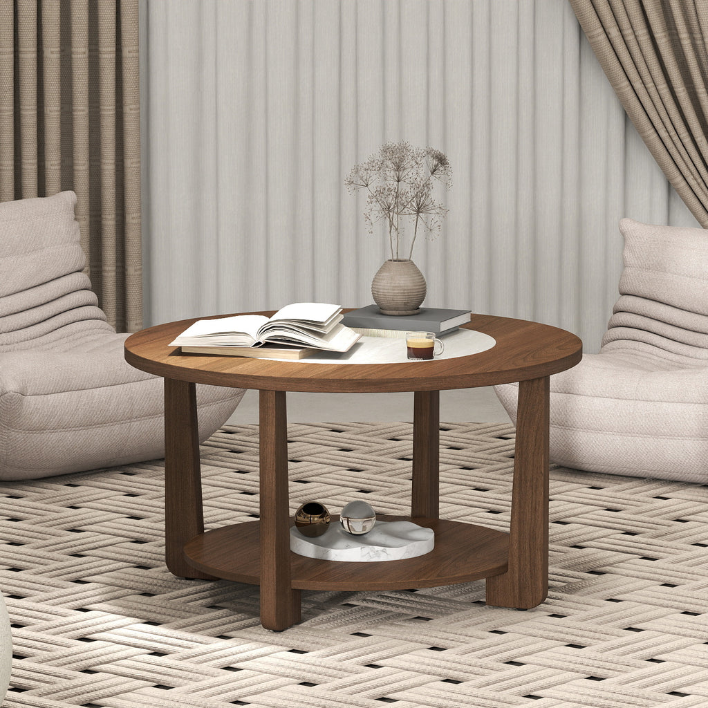 31.5" Farmhouse Round Coffee Table with Storage Shelf, Brown