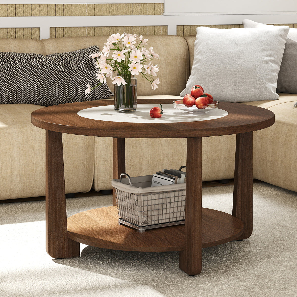 31.5" Farmhouse Round Coffee Table with Storage Shelf, Brown