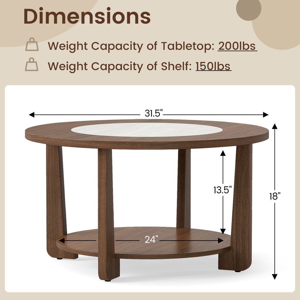 31.5" Farmhouse Round Coffee Table with Storage Shelf, Brown