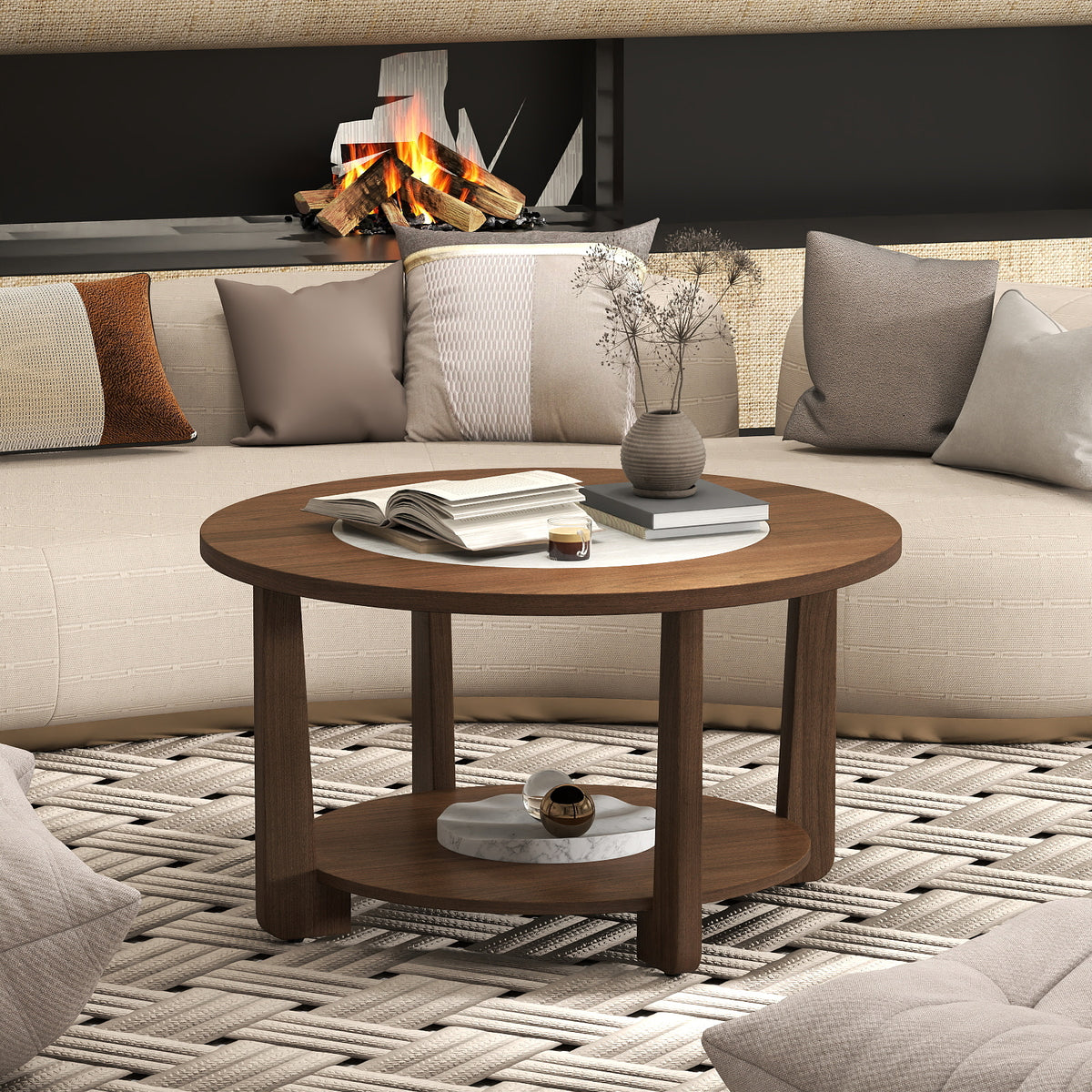 31.5" Farmhouse Round Coffee Table with Storage Shelf, Brown