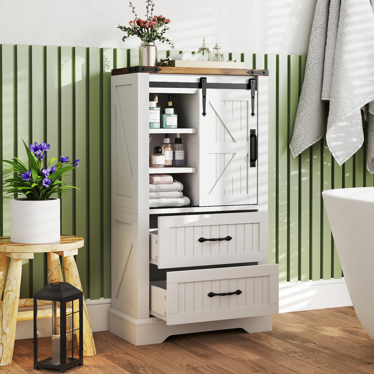 Farmhouse Bathroom Floor Cabinet Freestanding Wooden Storage Organizer