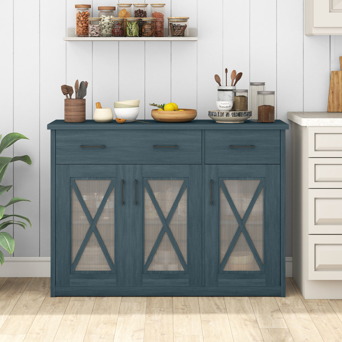 Farmhouse Buffet Sideboard 3-Door Kitchen Cabinet - Turquoise