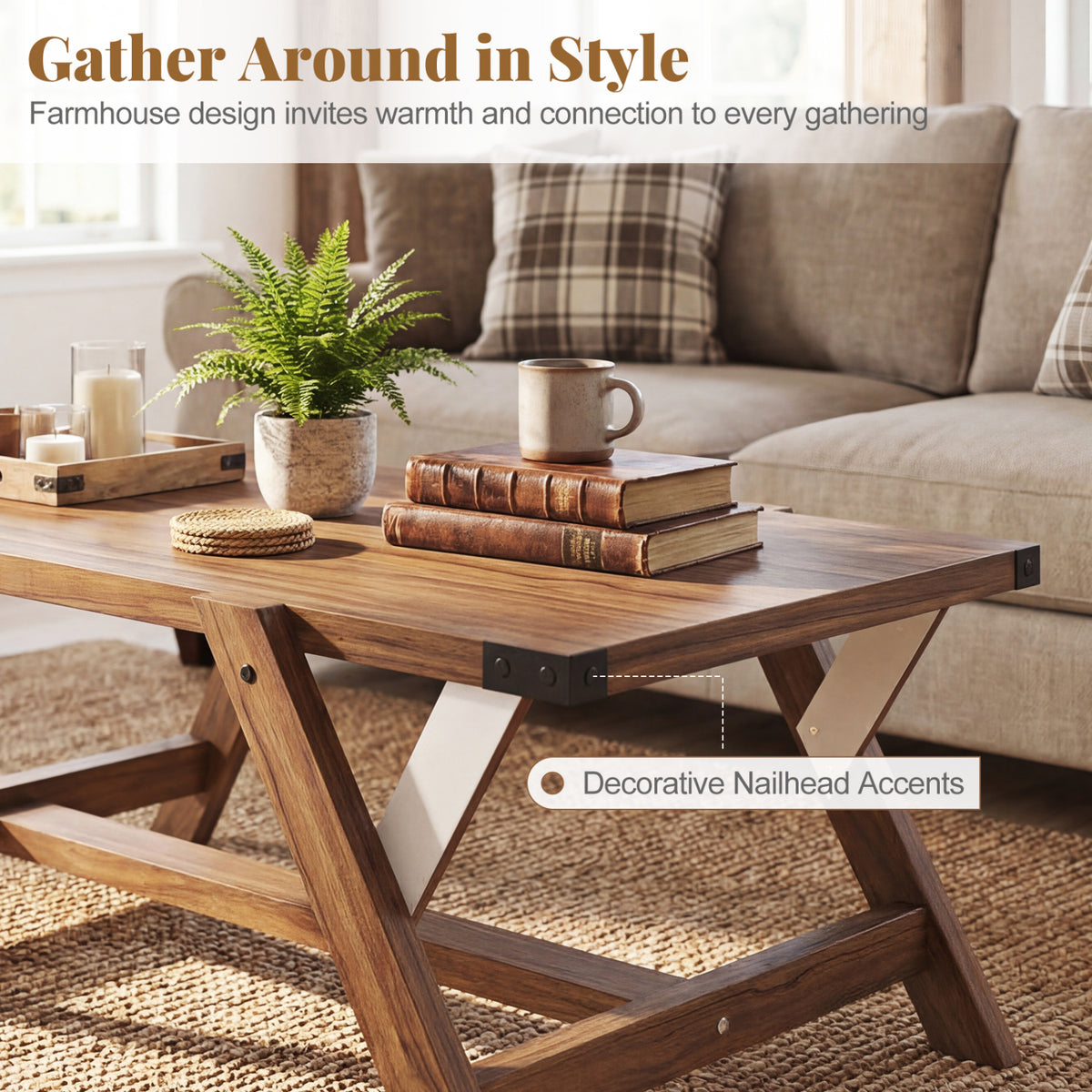 Farmhouse Center Table with Nailhead Accents - Walnut
